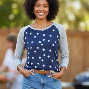 NWT Poof Blue Star Print Long Sleeve Raglan Tee Shirt Gray Sleeves Women's small